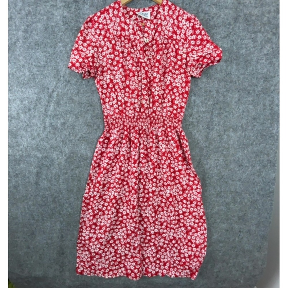 Virgo Fashions House Dress Womens S Red Ditsy Floral Smocked Waist Midi Picnic